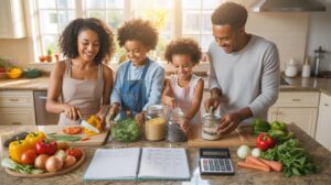 A smiling Black family, including a mother, father, and two young children, stands around a kitchen island, happily preparing food with various fresh