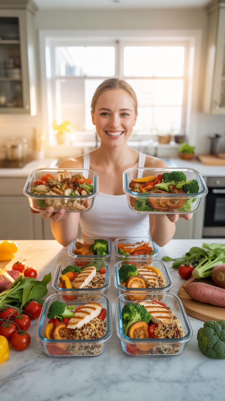 A smiling young woman in a white tank top holds up two clear glass meal prep containers filled with healthy food, while six more similar containers ar
