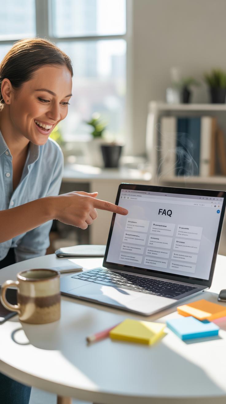 A smiling young woman with dark hair points at the screen of a silver laptop displaying an "FAQ" page, while sitting at a bright desk with a mug and s