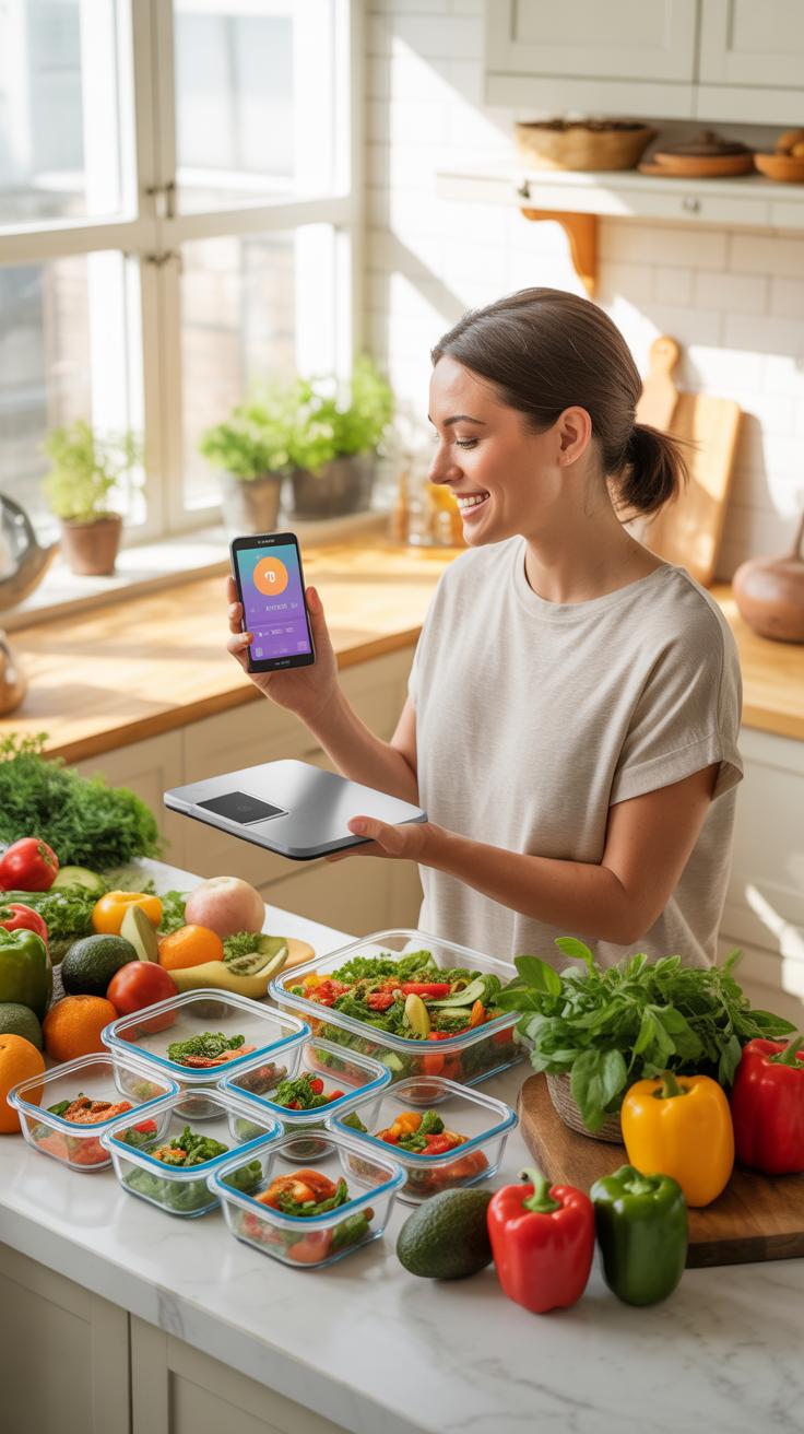 A smiling young woman in a bright kitchen holds up a smartphone displaying a colorful app, while gesturing towards a digital food scale and numerous p