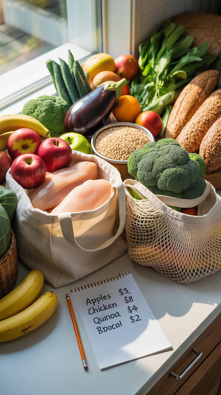 A variety of fresh groceries including fruits, vegetables, chicken, and grains are spread across a sunlit kitchen counter next to a grocery list.