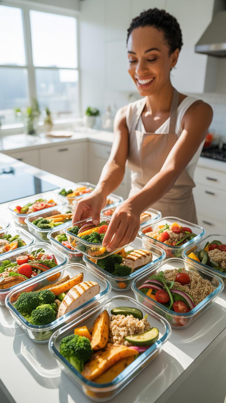 A smiling Black woman in a light-colored apron stands in a bright kitchen, arranging multiple glass meal prep containers filled with healthy food.