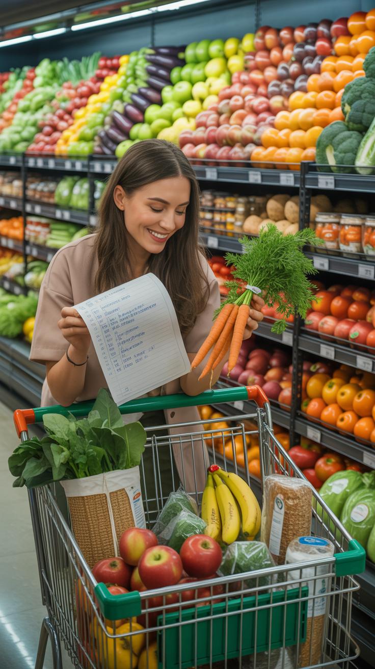 A smiling young woman in a beige top stands in a brightly lit grocery store aisle, holding a shopping list in one hand and a bunch of carrots in the o