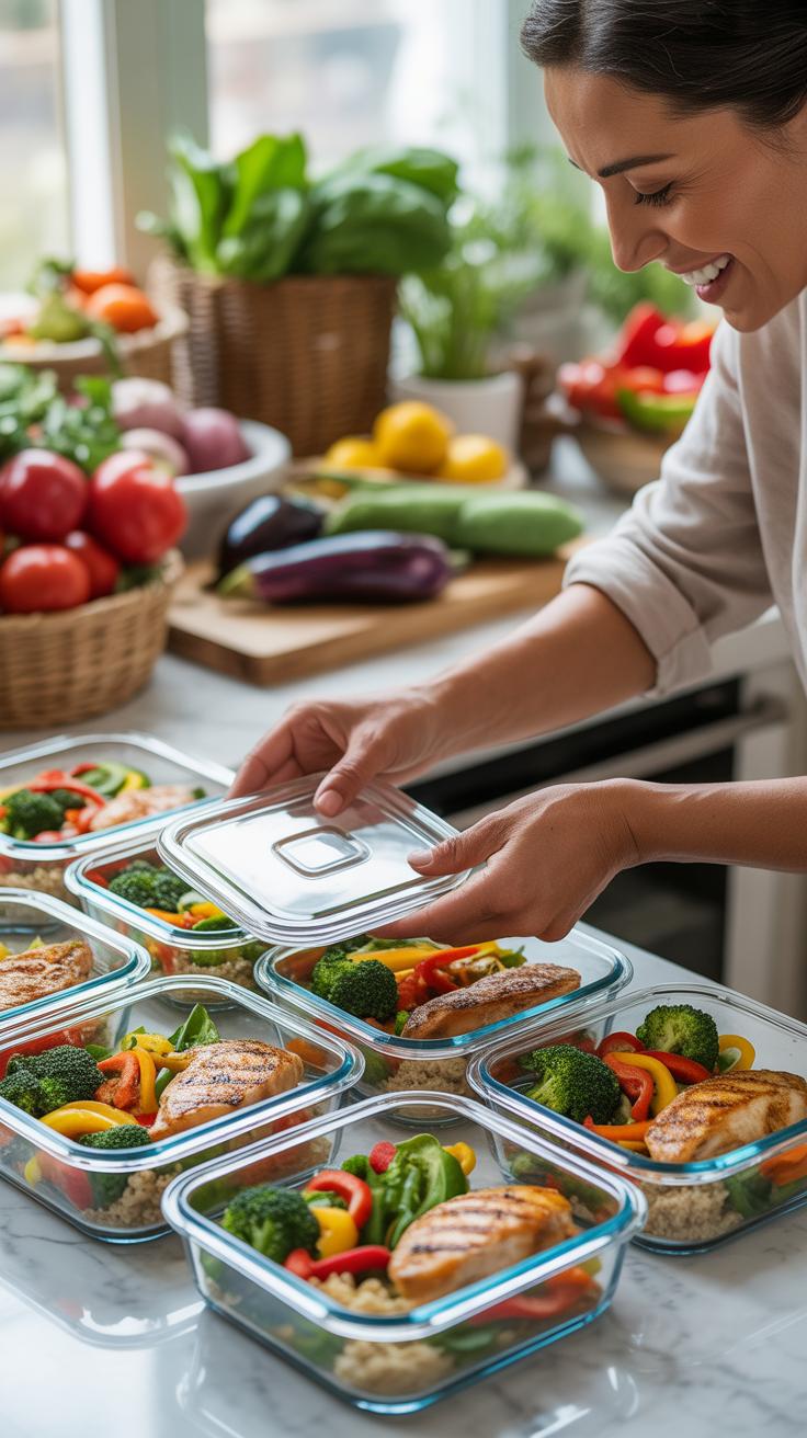 A woman with dark hair and a light-colored long-sleeved shirt is smiling and placing a clear lid on a glass meal prep container filled with grilled ch