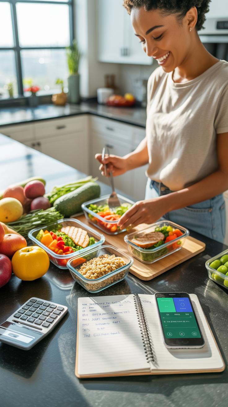 A smiling young Black woman with curly hair prepares meal prep containers with healthy food in a bright kitchen, with a calculator, notebook, and smar