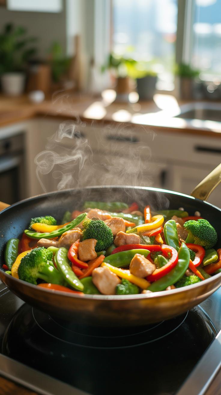 A close-up shot shows a stir-fry with chicken, broccoli, bell peppers, and snow peas steaming in a dark pan on an induction stovetop in a brightly lit