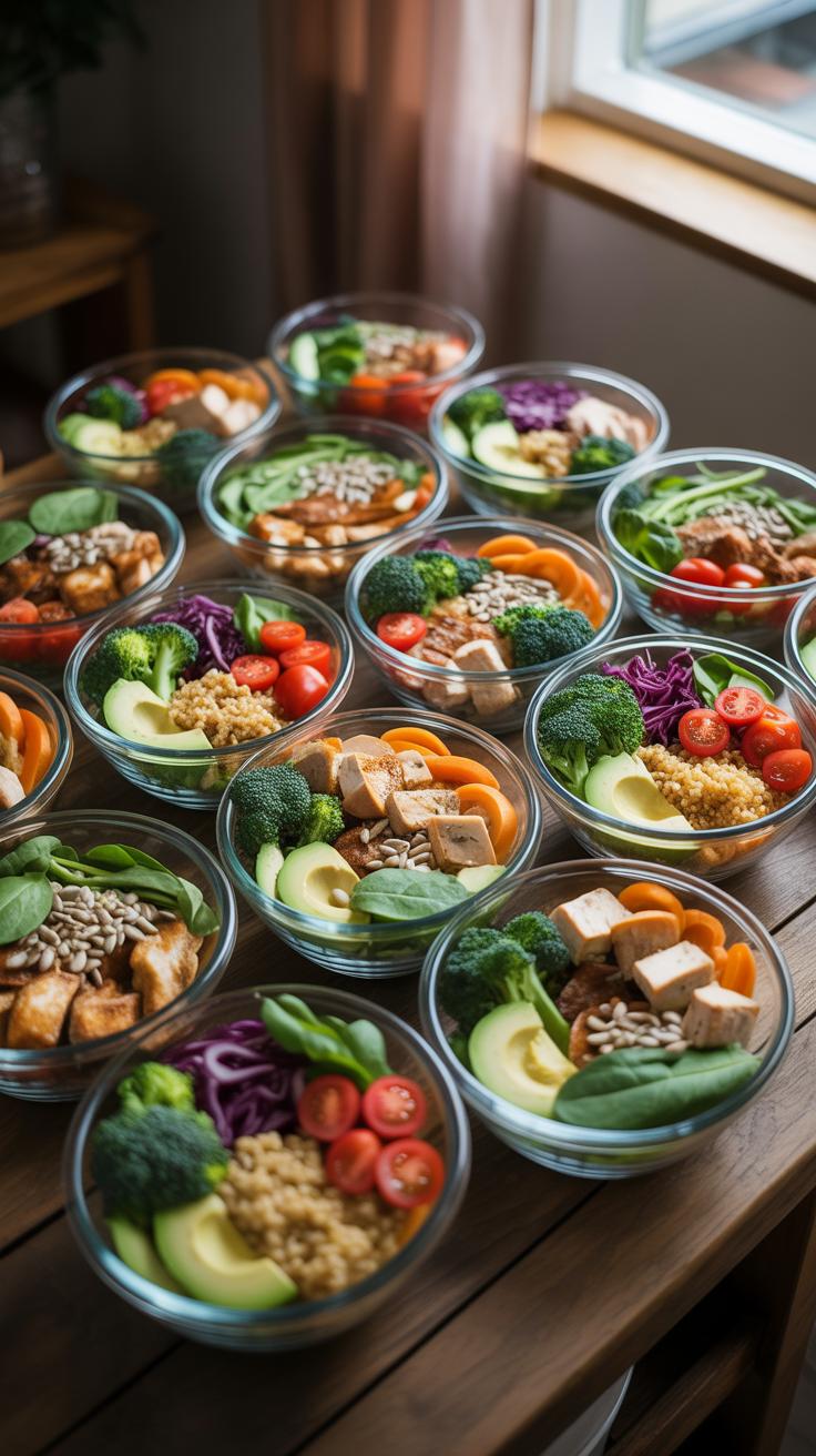 Many glass bowls filled with colorful meal prep ingredients are neatly arranged on a wooden table near a window, showcasing spinach, quinoa, sliced av