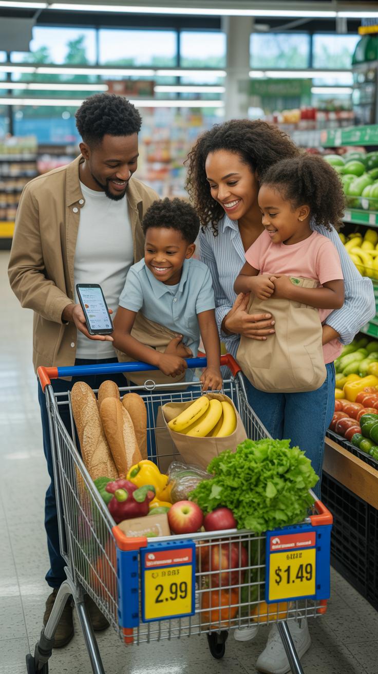 A Black family of four, including two children, stands in a brightly lit grocery store aisle with a full shopping cart, smiling and looking at a smart
