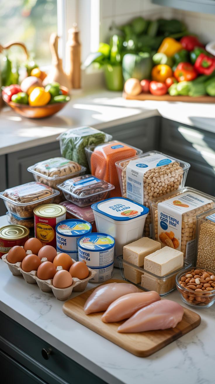 Various healthy foods including fresh produce, canned goods, dairy, eggs, grains, and raw chicken breasts are neatly arranged on a white kitchen count
