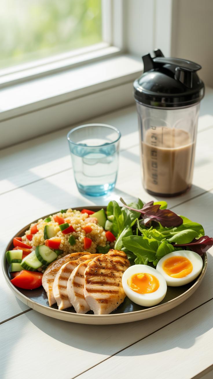 A healthy meal with grilled chicken, salad, couscous, and boiled eggs is arranged on a circular plate next to a glass of water and a protein shaker bo