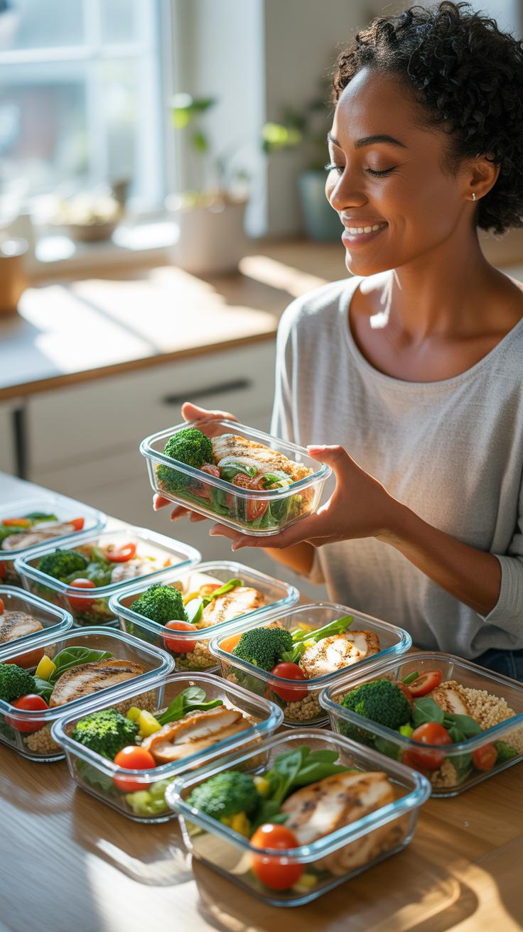 A smiling young Black woman in a light gray long-sleeved shirt holds a clear glass meal prep container filled with grilled chicken, broccoli, and cher