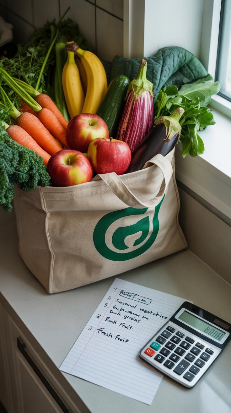 A beige reusable grocery bag filled with fresh produce, including bananas, apples, carrots, cucumbers, eggplant, and leafy greens, sits on a light-col