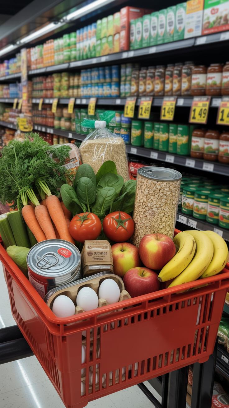A red shopping basket overflowing with fresh produce and pantry staples sits in the aisle of a grocery store, with shelves of various canned goods and