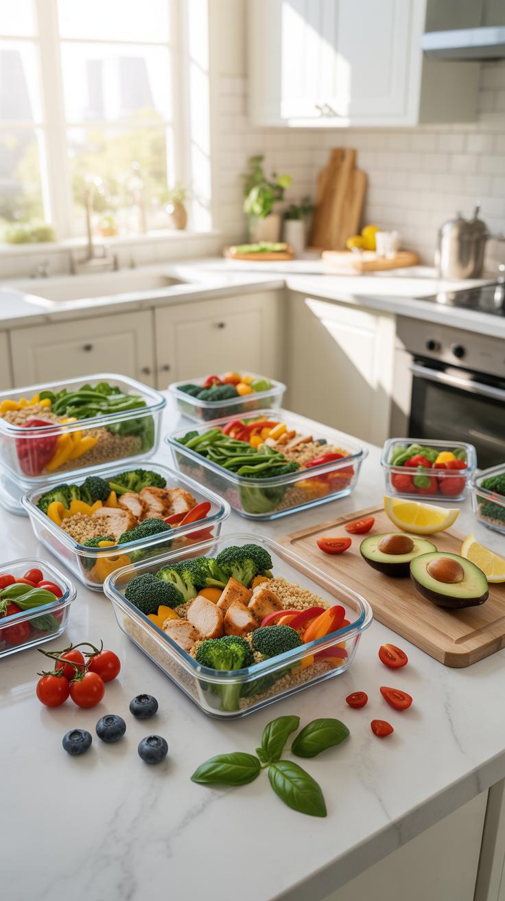 A brightly lit kitchen features a white countertop laden with numerous clear glass food storage containers filled with colorful meal preps, fresh frui