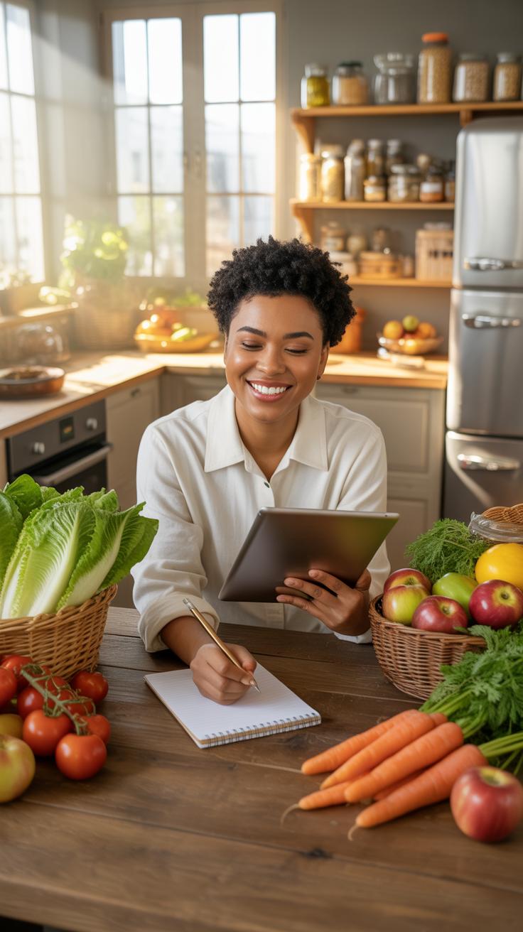 A smiling young Black woman with short curly hair sits at a wooden kitchen counter, holding a tablet in one hand and writing in a spiral notebook with