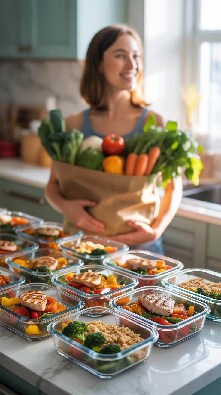 A smiling young woman in a kitchen holds a brown paper bag full of fresh produce, while a counter in the foreground is covered with numerous glass con