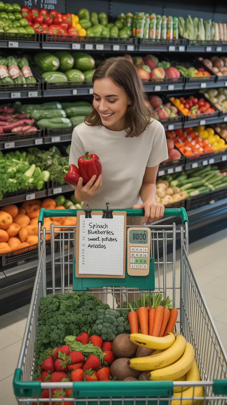 A young woman with long brown hair smiles while holding a red bell pepper and a strawberry in a supermarket produce aisle, leaning on a full shopping