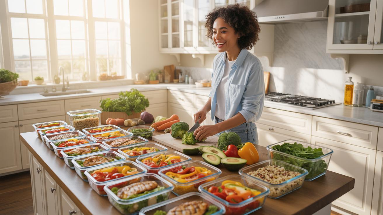 A smiling young Black woman with curly hair is meal prepping in a bright, sunlit kitchen, standing at a large island cutting vegetables. Many glass co