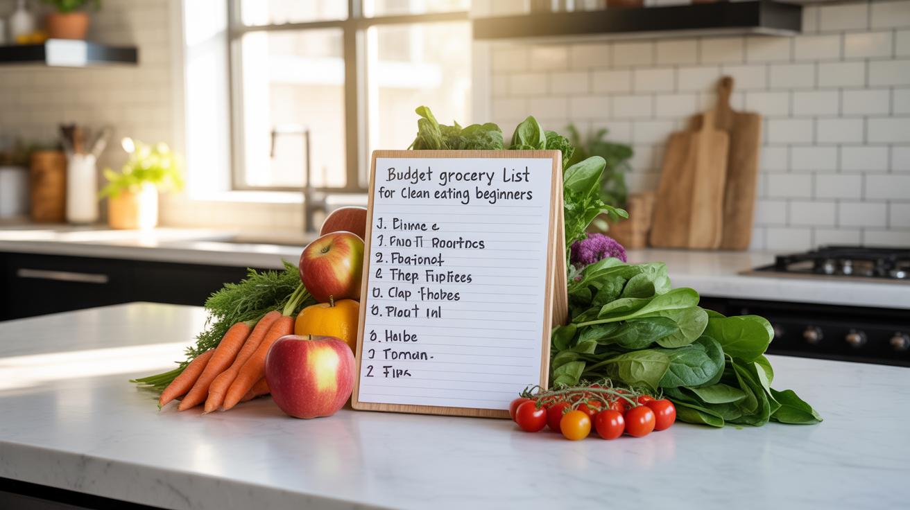 A close-up shot of a kitchen counter with fresh produce and a whiteboard displaying a grocery list.