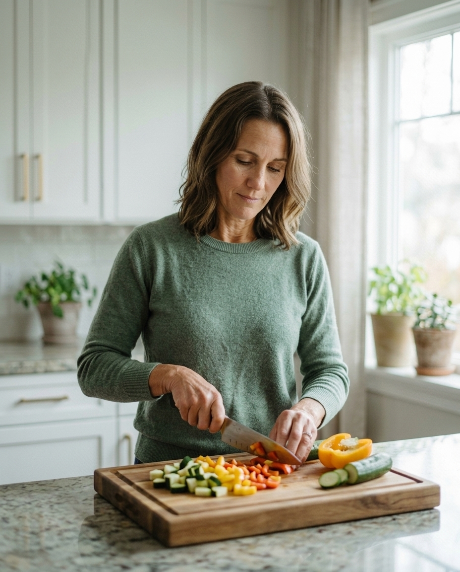 Meg Holloway chopping fresh vegetables in her kitchen, Belly-Delicious founder