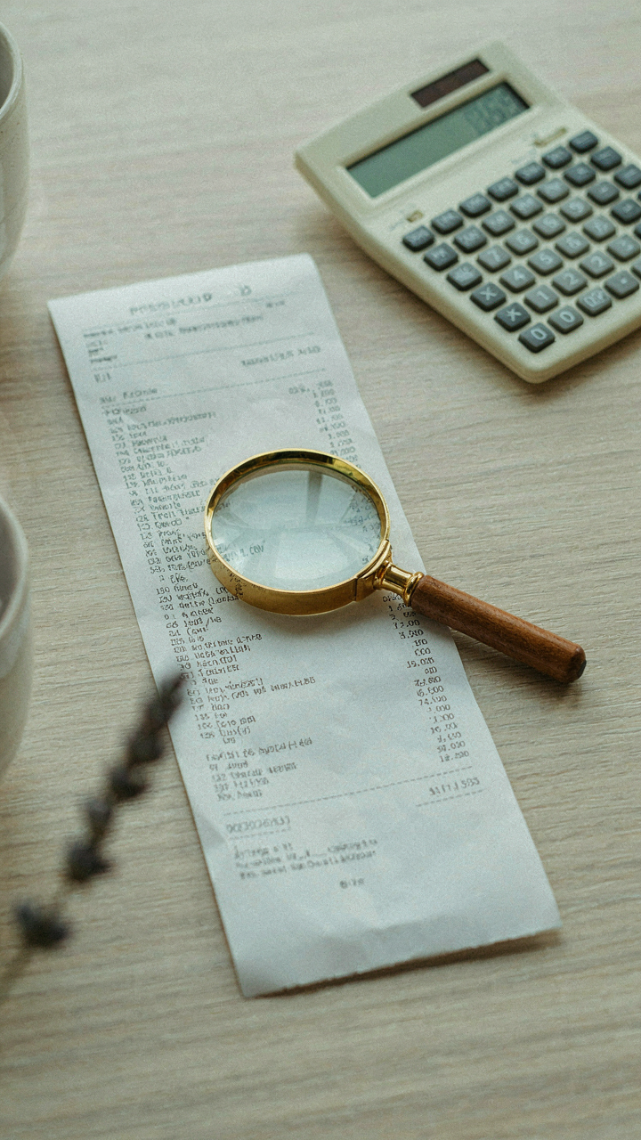 A magnifying glass highlights unit prices on a receipt next to a calculator.