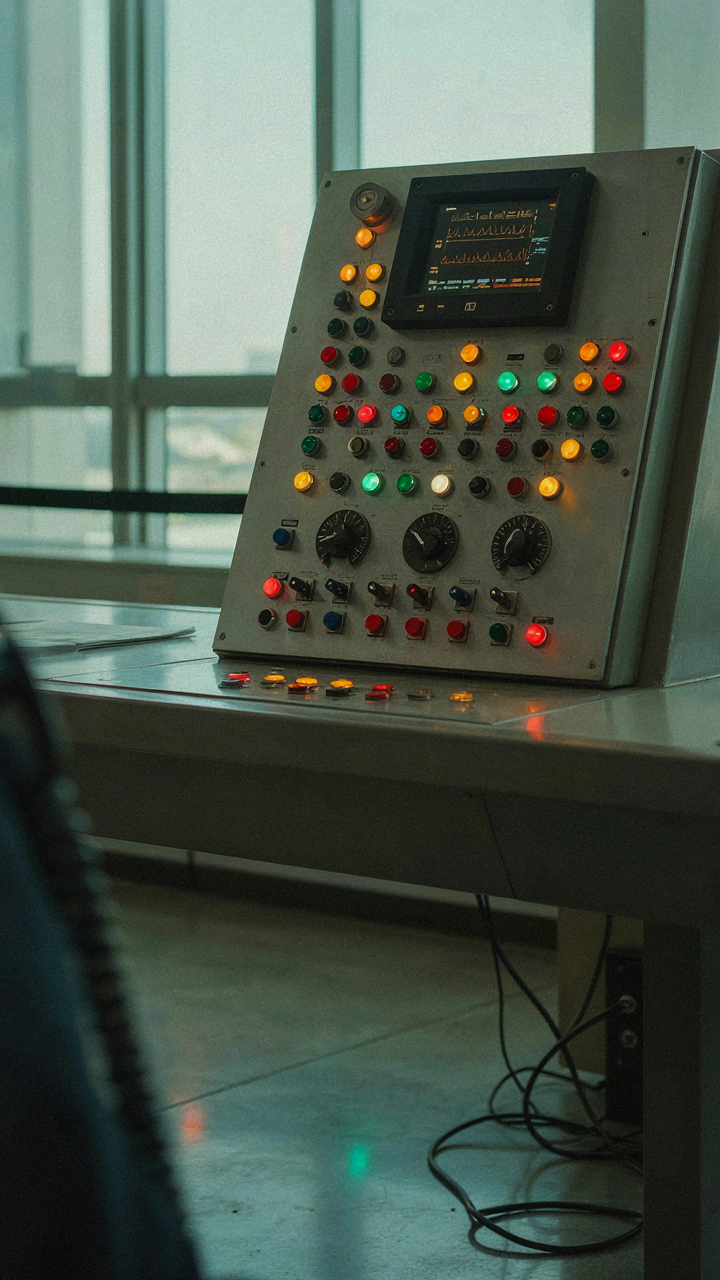 A control panel with lights and dials shows data feedback loops.