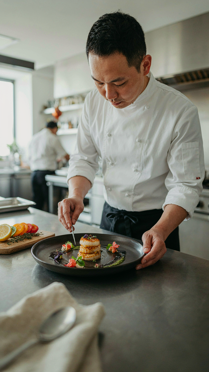 A chef plates a gourmet, high-protein meal with vibrant colors.