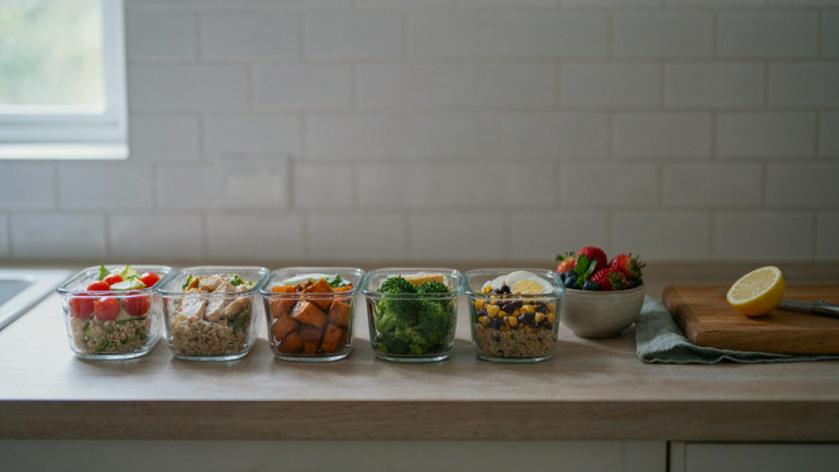 An organized kitchen counter displays several meal prep containers with healthy food.