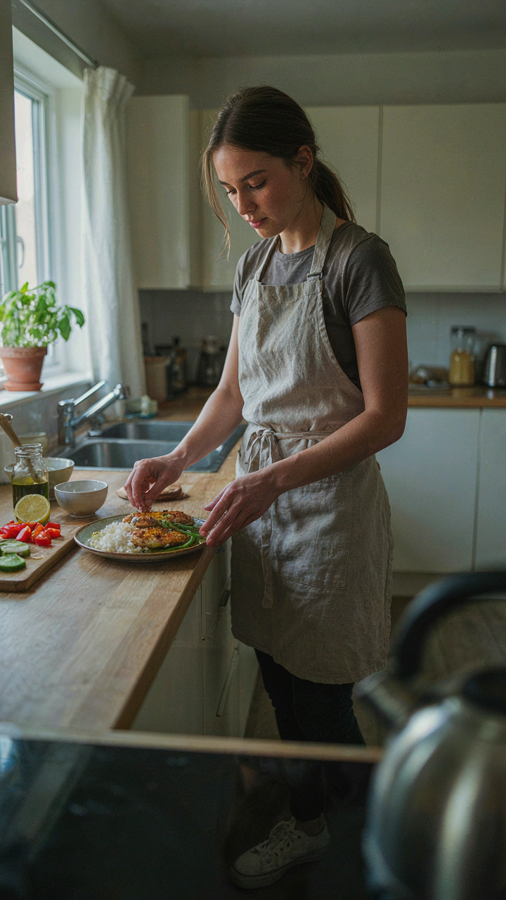 A person quickly assembles a simple and practical meal in a kitchen.