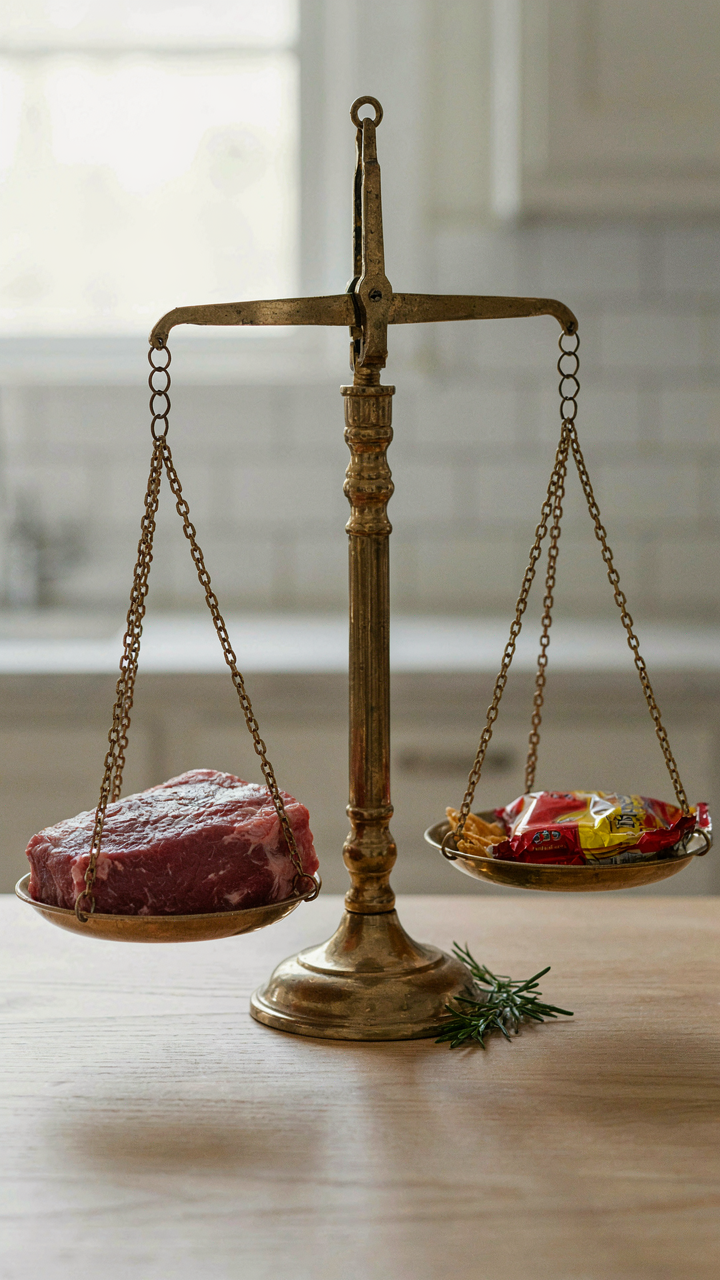 A scale balances lean meat on one side and a small snack on the other.