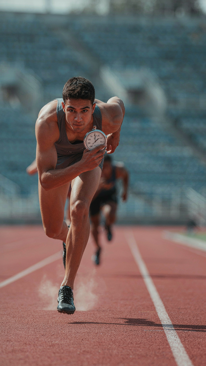 An athlete runs on a track with a stopwatch in view.