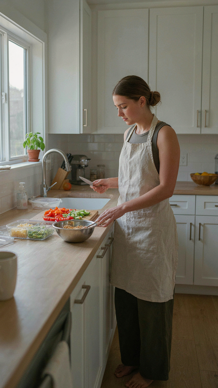 A person stands at a clean counter, ready for meal prep for the week.