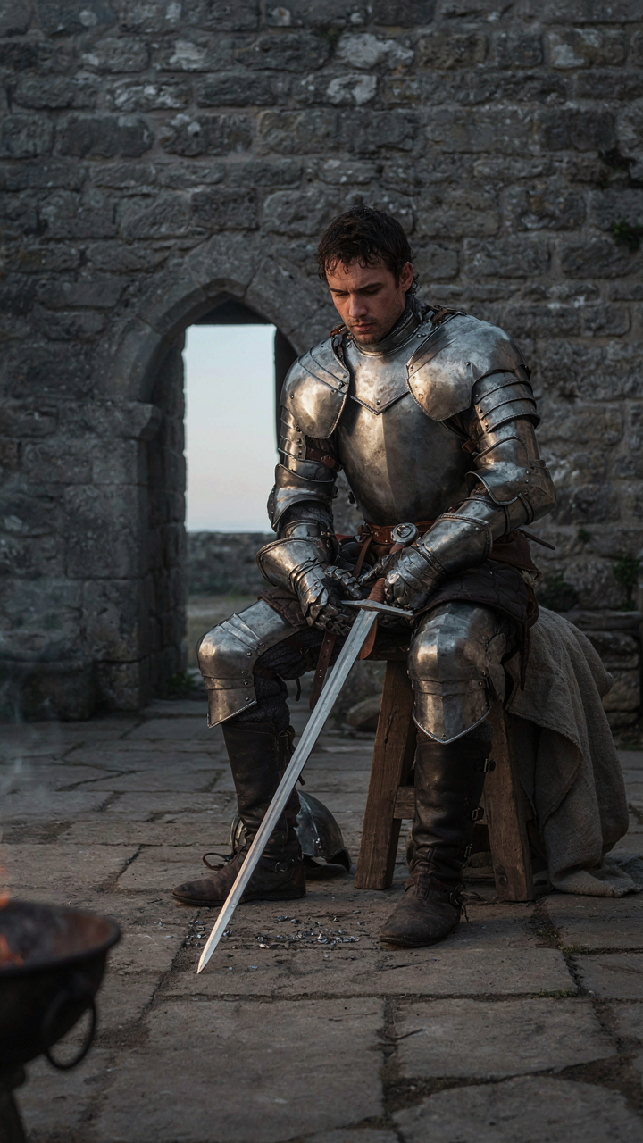 A disciplined warrior in armor sharpens a sword with focus.
